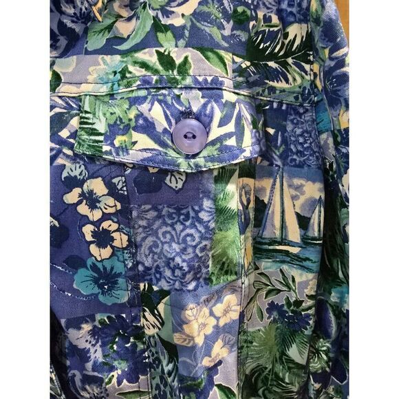 Floral Patchwork Jacket Drapers & Damons 2X Women Blue Green Cotton Blend Button - Picture 4 of 8